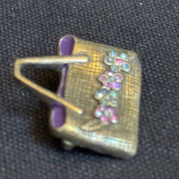 Vintage Handbag Pin Brooch With Floral Rhinestone Accents & Purple Enamel Detail - Picture 4 of 9